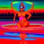 Placeholder: An oil painting of goddess Kali crossing a lake, neon red colors