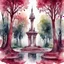 Placeholder: Watercolor burgundy gothic style nature forest with fountain and trees