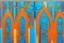 Placeholder: semi-abstract painting, triptych with 3 gothic_arab gates in blue, turquoise and orange