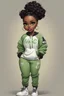 Placeholder: Create an whimsical image of a curvy chibi cartoon black female wearing a light green jogger set and black sneakers. Prominent make up with hazel eyes. Extremely highly detailed of messing curly bun