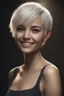 Placeholder: Chiaroscuro lighting, deep shadows, rich deep colors, full body portraits, 8K Ultra-HD, Hyper Realistic, Photorealistic, Realistic, focused, Clear, Extremely Detailed, beautiful, Cinematic, proportionate, full color, an image of a smiling young woman with short, pixie-cut bleached white hair, tapered on the sides, wearing a pair of blue round lensed glasses, big, gold hoop earrings, and a pink and blue button t-shirt, big happy smile, a foggy, cloudy blue background