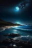 Placeholder: magic sea, realistic, professional photo, 4k, top view, , surf night, full moon, stars in the sky, Milky Way