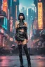 Placeholder: full-body-art of a woman with a bob with a fringe hairstyle, Cleopatra clothing, black knee-high boots, cyberpunk city background