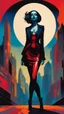 Placeholder: full body, stylized representation of a audacious vampire girl by Afarin Sajedi, her silhouette residing amidst bold, attention-grabbing abstract design that's defined by bursts of vibrant, highly saturated hues, juxtaposed against stark, surrealist landscapes or bustling colored cityscapes, vectors of strikingly dressed people indulging in eccentric poses, interspersed within alien, otherworldly