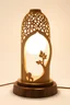 Placeholder: Create a product table lamp inspired by nyonya kebaya in wood material process laser cutting in white background no light