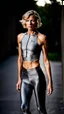 Placeholder: photography of a beautiful anorexic woman, grey satin triathlon top, sports illustrated, blond short wavy bob haircut, pronounced sternum, flat chest, anthracite cycling leggins