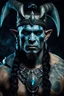 Placeholder: portrait of an orc king with pale blue skin. Tribal Tattoo. Dark braided hair and ice blue eyes. He's smirking. Half of his head is shaved. wearing jewellery. Carrying a battleaxe. High resolution. 4K. 8K. Dark Fantasy style. Cave in the background