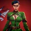 Placeholder: War propaganda of a sexy patriotic female soldier wearing green w red lights full torso wearing medals and a biplane overhead flying in the background