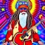 Placeholder: hippie Santa playing electric guitar psychedelic peace sign, MUSHROOMS, TRIPPY, ACID, LSD, dreadlocks