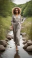 Placeholder: full body shot of a very beautiful lady curly hair, walks in the country side with a narrow river with clean water and nice rocks on floor. The trees and wild flowers .