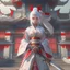 Placeholder: UHD, hd, 8k, hyperrealism, Very detailed, zoomed out view, full character in view, white hair female demon character wearing a hanbok with a white top and long red bottom, she holds a katana in her right hand, she stands in front of a Japanese style palace digital art, anime, full details