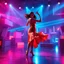 Placeholder: A breathtaking 3D animation of a passionate woman dancing a hot, energetic salsa. Her movements are fluid, expressive, and perfectly synchronized. Surrounding her is a futuristic, evolving stage filled with animating abstract 3D geometric structures that constantly morph, shift, and pulse to the rhythm. Dynamic, vibrant neon lights, colorful volumetric laser beams, and dramatic strobes sweep across the dark environment, casting beautiful shadows. Cinematic camera movement with smooth tracking