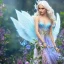 Placeholder: Fantasy fairy with transparent wings, smiling, make up, long platinum blond hair with crown and flowers, blue dress, flowering background