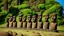 Placeholder: calm beauty, fantasy, magic, splendor, uplifting, inspiring, therapeutic, Easter Island stone statues with faces, some wearing spectacles, some with vegetation beards, mustaches, hair, springtime, sunlight, chiaroscuro, color, award-winning colour photograph, Nikon 135mm, style Disney, style Salvador Dali