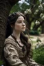 Placeholder: Beautiful Girl in the garden, 18 century, brunette, literally dark hair, dark eyes, fat, smell of sakura, rest, detailed face, england, she is staying under the tree, 30 years old, Game of thrones