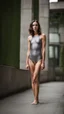 Placeholder: beautiful anorexic young woman, total shot, short shiny grey triathlon swimsuit, short brunette wavy bob hair, blurred concrete background, standing