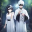 Placeholder: Girl with white hair wearing white robes and a blindfold. Boy with yellow eyes, black hair wearing ragged leather. Forest path background