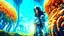Placeholder: woman with black hair, in a tight spacesuit, without a helmet, walking through Alien mushrooms with jellyfish tentacles in an alien forest, photorealistic, Deep Colour, Intricate Detail, sunshine, blue sky