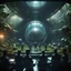 Placeholder: a video conference on egg like video screen with multiple sick aliens held by a scientist in dark lit reflective wet jungle metallic hall dome hotel tunnel, in the style of a fallout 4,bokeh like f/0.8, tilt-shift lens 8k, high detail, smooth render, down-light, unreal engine, prize winning