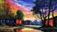 Placeholder: A colorful abstract landscape with a body of water reflecting the vibrant orange, blue, and purple hues of the sky and trees. The scene has a dreamlike, surreal quality with blurred and distorted shapes