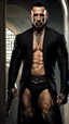 Placeholder: Jason David Frank as a Very muscular alpha male with short hair and tribal tattoo and piercings. Wearing a black designer suit , standing in a doorway. dark fantasy, hyperrealistic