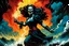 Placeholder: create a surreal horror comic style illustration of female vampire conjuring a violent storm , with highly detailed facial features, in the comic art style of RICHARD CORBEN and FRANK FRAZETTA, searing lines and forceful strokes, precisely drawn, boldly inked, with gritty textures, vibrant colors, dark and dramatic otherworldly lighting