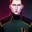 Placeholder: portrait, general hux, wearing a black First Order uniform, serious, imposing figure, thick eyebrows, 8k, digital art, red light coming from the left and blue light coming from the right cinematic lighting, wearing a black First Order uniform, green eyes