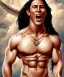 Placeholder: native american warrior, long black hair, big muscles, face up, mouth wide open, scream face, shirtless, looking to the sky