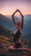 Placeholder: spray paint, body with dark outline, portrait of bald witch as yoga Vampire stretching after sunset with psychedelic tattoos in carpathians montains sun set ,bokeh like f/0.8, tilt-shift lens 8k, high detail, smooth render, down-light, unreal engine, prize winning