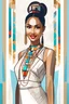 Placeholder: RGB drawn sketch, cubism style, grainy, use shadows and shading, visible pencil strokes, an Indonesian woman with striking eyes, white tribal dress, low cut top, native necklaces, visible skin texture, slim and pale tanned-skinned native Indonesian woman, hair in a bun, Bokeh background, golden ratio. Supermodel beautiful and smiling, facing the camera