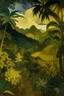 Placeholder: A dark gold rainforest near a bamboo’s forest surrounded with mountains, painted by Paul Gauguin