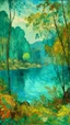Placeholder: A turquoise jungle with a lake painted by Alfred Sisley, Bruegel painting style