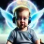 Placeholder: a happy human baby math genius called tobias leander with hair,halo, wings, drinking, sitting in chair, photo realistic spray painting, unified theory background