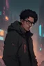 Placeholder: A 27-year-old young gentle man, with curly black hair, a thick chin, and wearing glasses, black clothes, hoodi, cry,cyberpunk, smart face, Confident smile, with fire powers