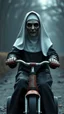 Placeholder: a front view of the Nun from the horror movie, riding a children’s tricycle, his face skin is a rusted broken metallic skin texture in a 3d rendering full-height image of a grim and dark scene. Ensure the final images exhibit the utmost quality, encompassing 4K, 8K, and 64K resolutions, with 3D rendering that manifests in photorealistic, hyperrealistic, and highly detailed representations. Employ techniques such as HDR, UHD,