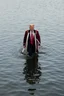 Placeholder: donald trump walking on the surface of water dressed like a king frontal view