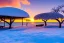 Placeholder: Honolulu Hawaii hotels covered in winter snow and ice at sunrise, winter wonderland