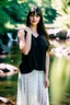 Placeholder: realistic, portrait and full body of a woman standing next to rocky river in country side, beautiful face with nice make up, sunlight, cinematic light, bangs, a beautiful woman, beautiful eyes, brown curved hair, perfect anatomy, very cute, princess eyes , (blue eyes) , nice sport shoes ,Centered image, stylized, life size,8k Resolution, low-cut dress with small blue details, human hands, wonder full, elegant, approaching perfection, dynamic, highly detailed, character sheet,