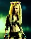 Placeholder: portrait, Shakira, blonde artist, angry, Realistic image, MMA robe, hoodie, mma gloves, band aid, loose long hair, eyes make up, line gold make up, glow, circle iris. Rain, fog, Neon colors, leds. Dark background, photo studio, concept art, smooth, unreal engine 5, god lights, ray tracing, RTX, lumen lighting, ultra detail, volumetric lighting, 3d, finely drawn, high definition, 4k.