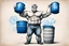 Placeholder: a very swedish strongman, big muscles and short light hair, pair of glasses, holding one big blue barrel above his head, a drawing with sketch lead pencil, The word BAXER floating