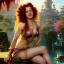 Placeholder: Hyperdetailed oil on canvas, young robyn lively sits by the ornate fountain, goldfish pond, lotus, detailed face, long red curly hair; by gaspar camps, maxfield parrish, alphonse mucha, cyril rolando, dan mumford; luminous colorful sparkles, glitter, airbrush, octane render, volumetric lighting, 16k