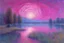 Placeholder: fushsia sky, planet in the sky, lake, sci-fi, mountains, galactic cosmic influence, auguste oleffe and emile claus impressionism paintings