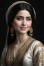 Placeholder: persian ghajar girl (young woman pale skin)), dark background, mid shot, full body, happy expression, looking down, ultra realistic, highres, superb, 8k wallpaper, extremely detailed, intricate, limited palette,