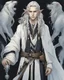Placeholder: a young High Elf frost Wizard with long wiry hair, wearing a black trimmed white nobleman's robe and frost ornaments on clothes, with a small weasel on his shoulder