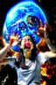 Placeholder: An image of a young Korean woman with a eyes closed expression happy, holding her hands up as if she is reacting to a catastrophic event in front of her. Film, cinematic, realistic, extreme depth of field, She is wearing a white blouse with detail, blue shorts, and sunglasses pushed up onto her head. In front of her, there is a highly detailed planet resembling Earth, dramatically cracking and breaking apart with fiery explosions and molten lava visible at the fractures.