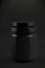 Placeholder: black container, plastic, realism, with screw lid, no labels, round container, view from the front, protein powder, dark studio setting, black background, body of the container is wider thand the top part