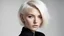 Placeholder: a beautiful model with short blonde white hair and black clothes, white background, minimal side light,