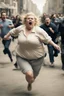 Placeholder: an obese terrified blonde woman running away from an angry mob