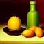 Placeholder: still life bottle half fruit