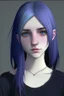 Placeholder: Realistic female teenager with pale skin, big grey eyes, blue and purple shoulder length hair, round face, prominent collarbones, black clothing